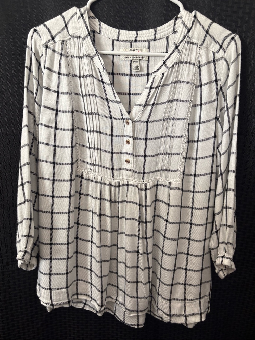 Wrangler White Windowpane Plaid Peasant Top